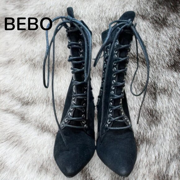 BEBO Goth Vixen Studded Lace Up Black Crushed Velevet Bootie Heels - Picture 10 of 12
